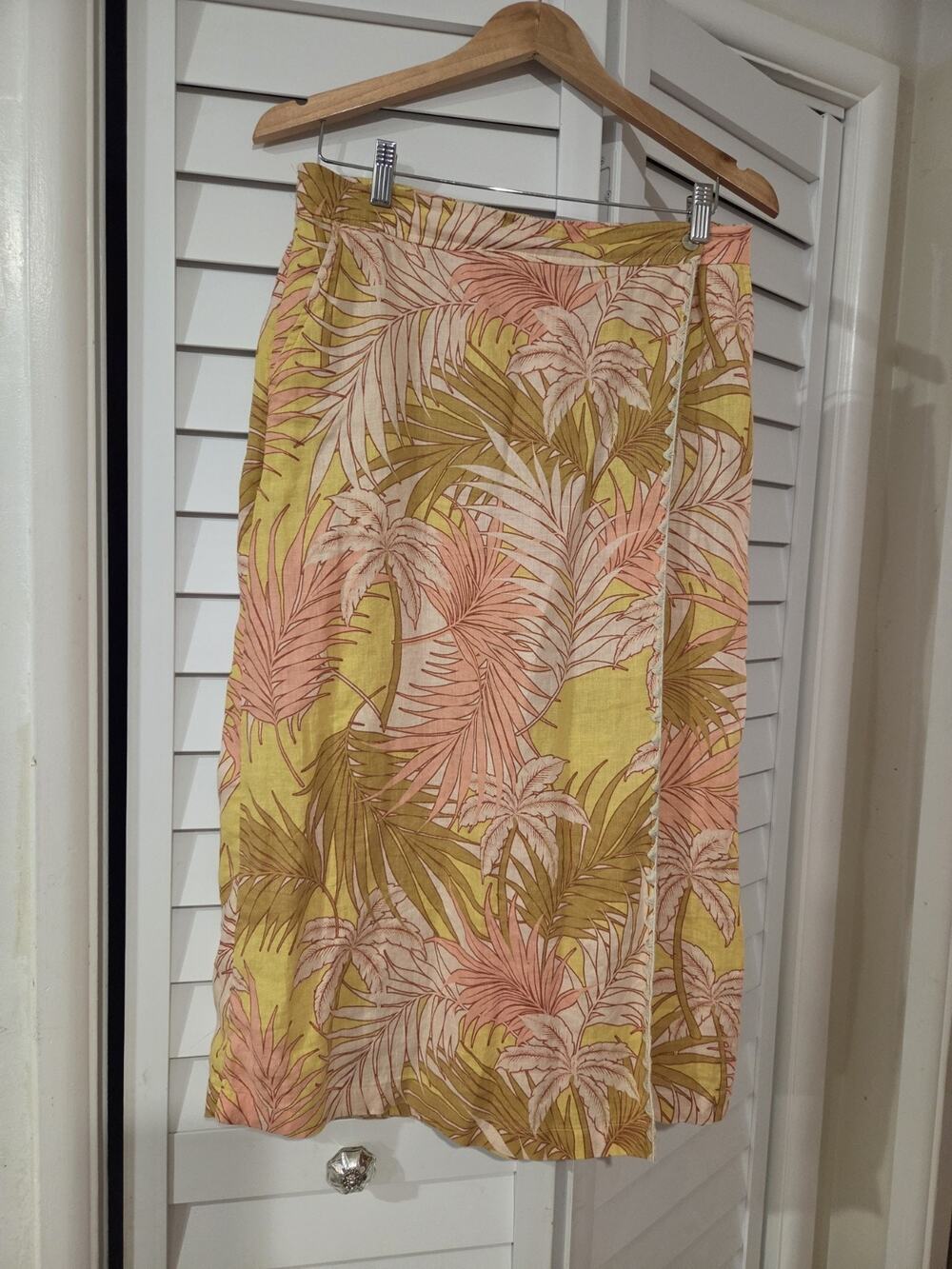 Tahari Yellow White Tropical Floral Linen Elastic Waist Midi Pencil Skirt L